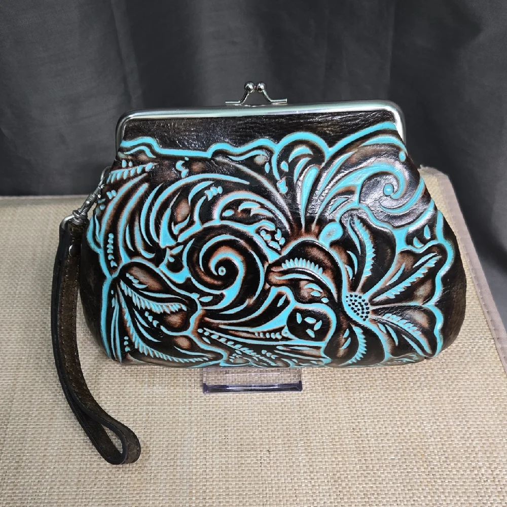 Patricia Nash Brown and Blue Embossed Floral Clutch - Picture 1 of 9
